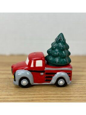 Cute Red Truck Christmas Tree Salt & Pepper Shaker Set Holiday Decor EUC